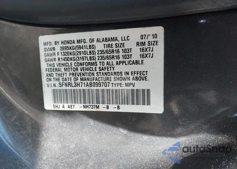 2010 Honda Odyssey Ex-L z USA, uszkodzony, nr VIN 5FNRL3H71AB099707